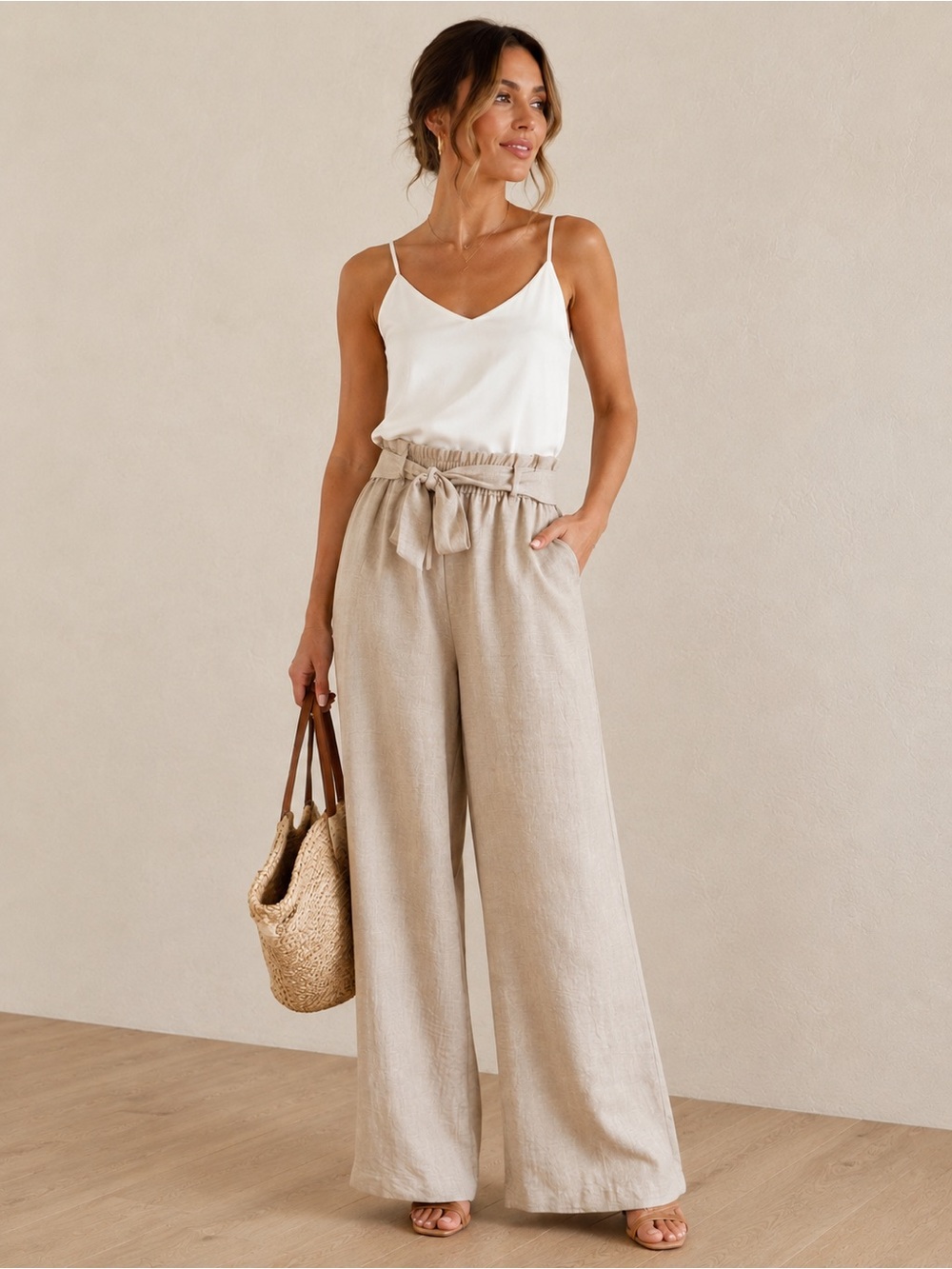 Wren New York Wide Leg Tie Waist Pants Beige Neutral Office Quiet Luxury Size M